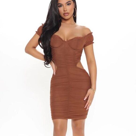 Fashion Nova Mini Brown Dress Bodycon Tan Cut Out Size S - Picture 1 of 6